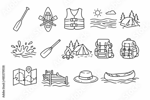 A collection of simple canoeing and kayaking equipment icons