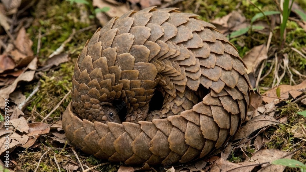 Obraz premium Close Up Of A Curled Up Pangolin With Scaly Armor In A Forest Setting