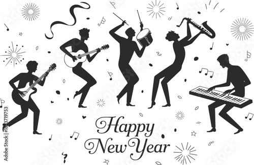 Silhouetted musicians celebrating New Year, festive music vector illustration, elegant black-and-white party design, joyful holiday artwork with instruments and confetti