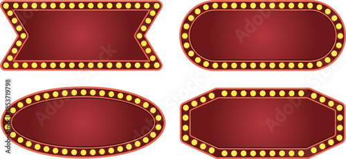 Set of glowing marquee frames with bright light bulbs for vintage signage and casino advertising banners on red background retro border design