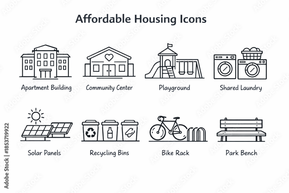 Naklejka premium A collection of simple icons representing affordable housing solutions