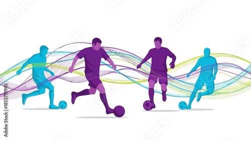 Vibrant abstract illustration of soccer players in dynamic game action with flowing lines