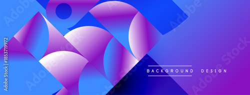 Abstract geometric shapes overlap, creating vibrant purple, blue gradients. Modern design suggests technology, innovation, fluidity. Background features text background, design.
