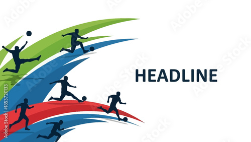 Dynamic soccer game illustration with player silhouettes and colorful abstract waves