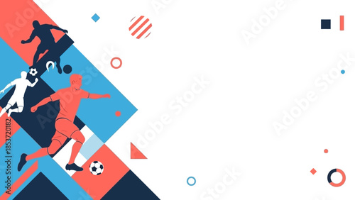 Vibrant graphic illustration of soccer players in dynamic motion on abstract geometric background