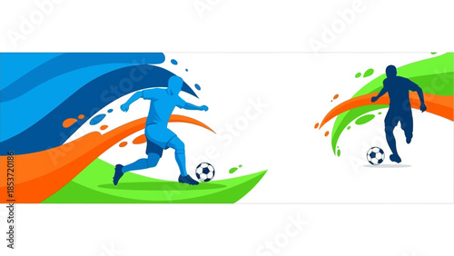 Energetic soccer players dribbling on a vibrant abstract field, vector graphic design
