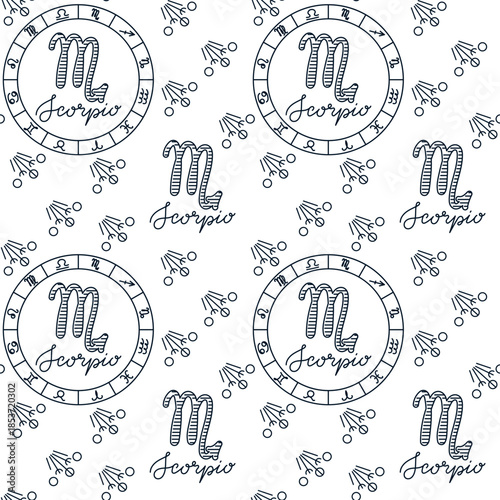 Scorpio zodiac seamless pattern with astrology symbol and horoscope circle in hand drawn style on white background. Image represents astrology concept and mystical zodiac identity theme