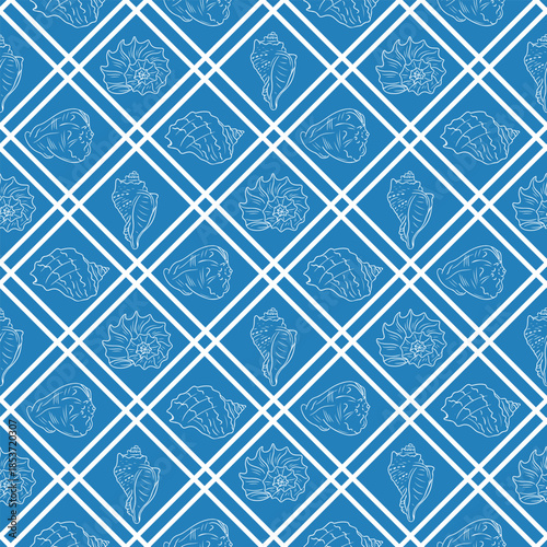 Seamless sea shell pattern with hand drawn marine elements arranged in geometric grid on blue background. Image represents ocean nature concept and coastal decorative design