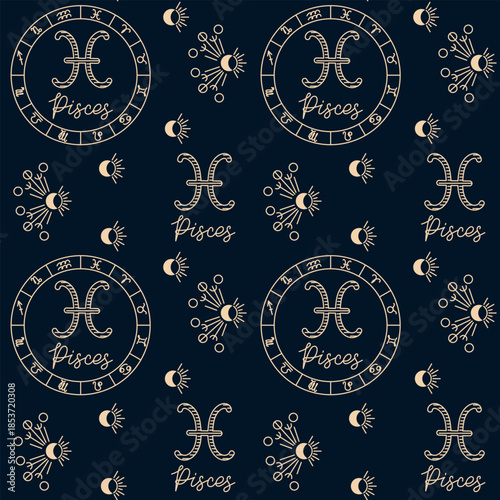 Pisces zodiac seamless pattern with astrology symbol and horoscope wheel in hand drawn style on dark background. Image represents mystical astrology concept and zodiac identity theme