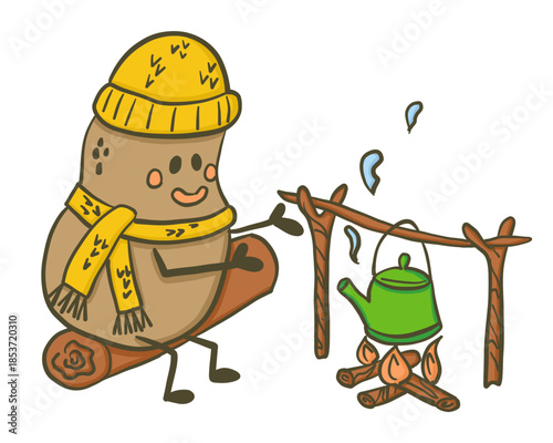 Cute cozy potato character wearing hat and scarf sitting near campfire kettle in hand drawn style isolated on white background. Image represents comfort concept and outdoor camping warmth mood