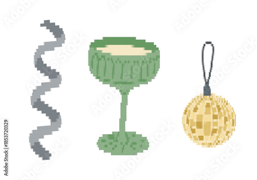 Pixel art Christmas decoration set with holiday objects including candle holder ornament and spiral element isolated on white background.