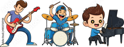 Cartoon musicians playing instruments, joyful band performance vector, colorful character illustration, music-themed artwork, energetic concert scene with guitar, drums, piano