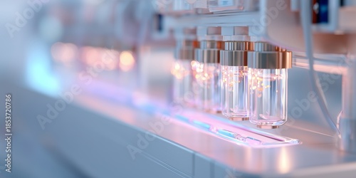 Wallpaper Mural Close view of glass containers filled with liquid on a modern lab counter during analysis Torontodigital.ca