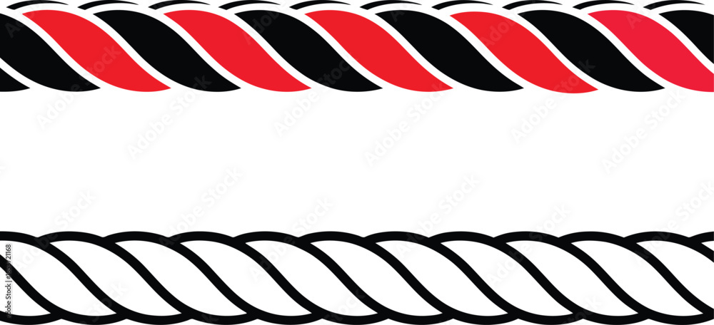 Obraz premium Vector rope border design featuring alternating red-black twist and solid black spiral strands on white background.