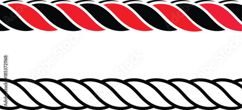 Vector rope border design featuring alternating red-black twist and solid black spiral strands on white background.