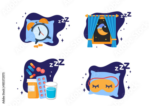 Sleep and bedtime icon set stock illustration