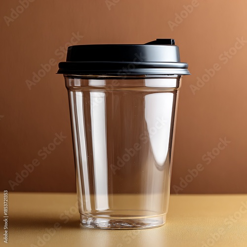 A clear glass to go cup with a black lid rests on a surface