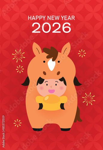 Cute girl child in a horse costume holding a gold sycee ingot. Happy chinese new year of the horse 2026 greetings card.