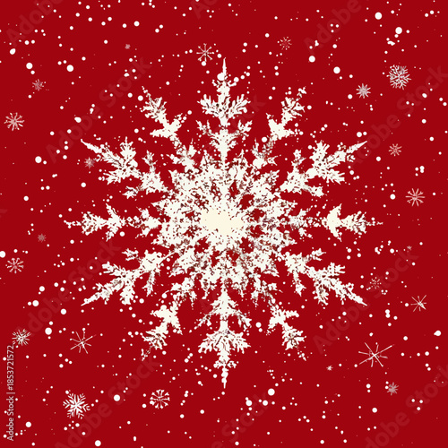 Vector Illustration of a Snowflake on a Red Background with Falling Snow