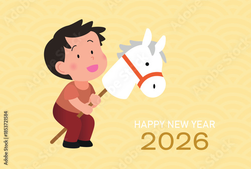 Child with hobby horse toy for year of the horse 2026 greetings card. Happy chinese new year of the horse 2026 vector illustration. Lunar new year 2026 celebration.