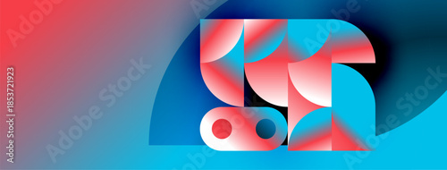 Abstract geometric shapes blend vibrant red, blue hues. Modern design evokes fluidity, dynamism, visual interest. Composition feels energetic, balanced.