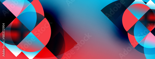 Abstract composition featuring overlapping circles, vibrant blues, reds. Gradient background creates dynamic visual effect. Modern design elements present.