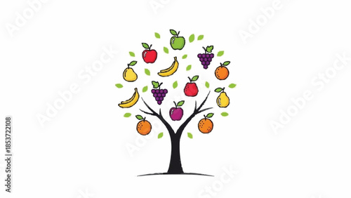 Colorful and healthy eating concept illustration of a tree bearing a variety of fresh fruits like apples, bananas, and grapes.