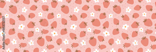 Seamless strawberry vector background with hand-drawn berries and flowers. Cute summer print for fabric, posters, or trendy fashion projects. Vibrant pink and red pattern design.