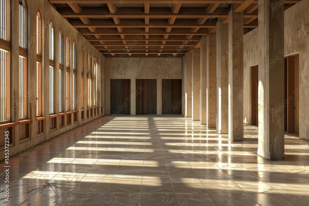 Naklejka premium Sunlight streams through arched windows and between columns in an empty hallway with tiled floor