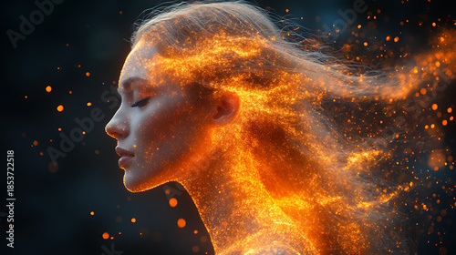 Profile view of a person with energy particles moving around their head and shoulders 