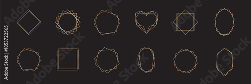 Elegant golden geometric frame with luxury design on black background. Premium border template for wedding invitations, certificates, or decorative art with refined gold line details.