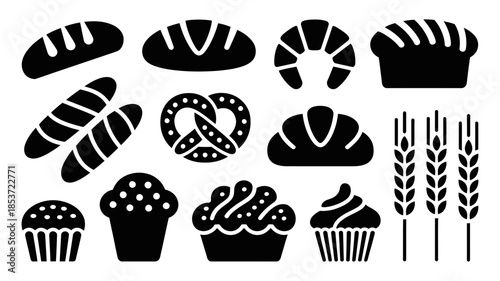 Collection of various baked goods including bread, croissants, pretzels, and cupcakes