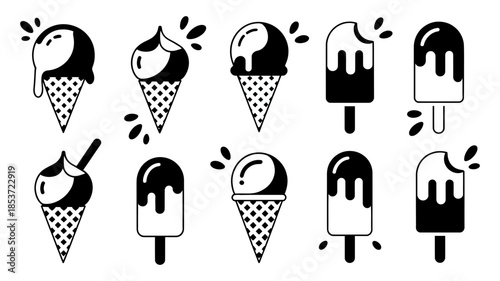 Collection of black and white ice cream cones and popsicles with drips