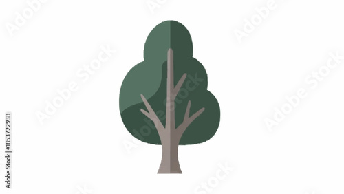 Minimalist and modern flat design icon of a simple deciduous tree with a green canopy and a gray trunk on a white background.