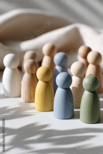 Colorful wooden figures in sunlit arrangement with shadows and textures