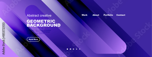 Modern website header design. Purple gradients, geometric shapes, text elements present. Clean layout, navigation visible.