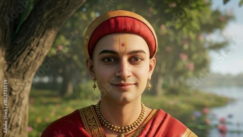A young monk smiles calmly in a garden portrait, surrounded by soft greenery and an atmosphere of peaceful spiritual serenity.