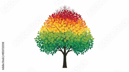 Beautiful illustration of a tree showing seasonal color change, with leaves transitioning in a smooth gradient from green to yellow to red.