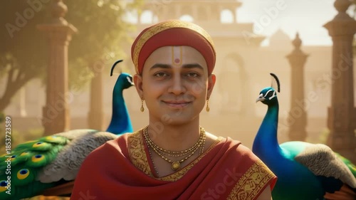 A young monk stands calmly in a palace garden courtyard, surrounded by refined architecture and an atmosphere of peaceful spiritual balance.