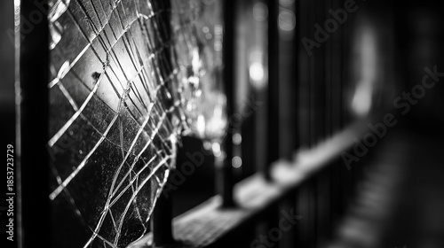 universalism. A broken glass pane with the blurred shadow of prison bars behind it. wellbeing guides, coaching materials, designed for mental health education and mindfulness programs.