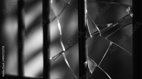 universalism. A broken glass pane with the blurred shadow of prison bars behind it. wellbeing guides, coaching materials, designed for mental health education and mindfulness programs.