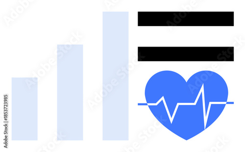 Vertical bar chart adjacent to a blue heart with a heartbeat line and two horizontal lines. Ideal for health tech, fitness, statistics, monitoring, data analysis, reports, wellness. Simple flat