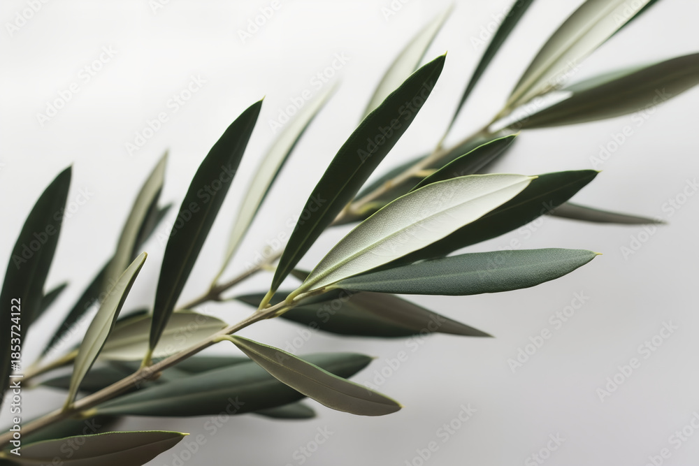 Fototapeta premium Olive branch and its shadow on a white wall in natural light. Design minimalist botanical background with sunlight effect for product display.