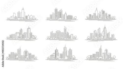 Collection of minimalist line art cityscapes, showcasing modern urban skylines with diverse architectural styles