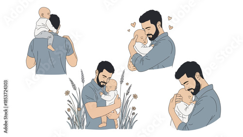 Diverse moments of fatherhood captured through heartwarming illustrations of a father and his child
