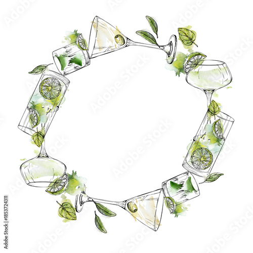 Circular wreath of clear cocktails, martini margarita daiquiri mojito caipirinha with lime, mint, olive garnish hand drawn in watercolor and ink. Great for label design, recipe headers, and drink art.
