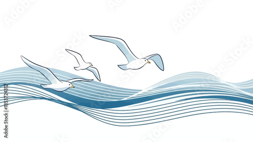 Three seagulls soaring gracefully over a stylized, wavy blue ocean under a bright, clear sky