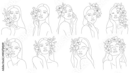 Elegant Line Art Illustrations of Women Adorned with Floral Accents