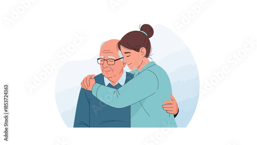 Caring daughter embraces elderly father with tenderness and affection, showing deep connection and family love