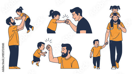 Collection of Father and Child Moments Fathers Playing, Holding, and Walking with Their Kids, Representing Love and Family Bonds